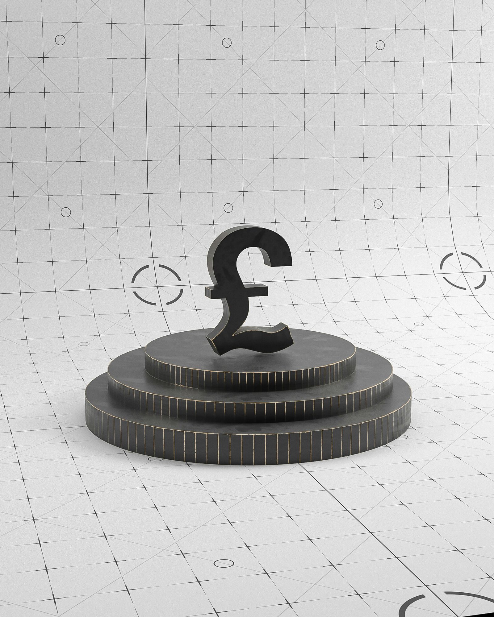 3D rendered black pound sterling symbol placed on a geometric podium in a studio setting.